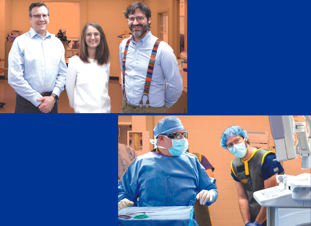 (Left) left to right: Douglas Weber, Elvira Pirondini and Marco Capogrosso are leading the breakthrough study with stroke patients. Study results for the first set were published in Nature Medicine in February 2023. (Right) Capogrosso (right) and neurosurgeon Peter Gerszten monitor the surgery on Heather Rendulic in May 2021.